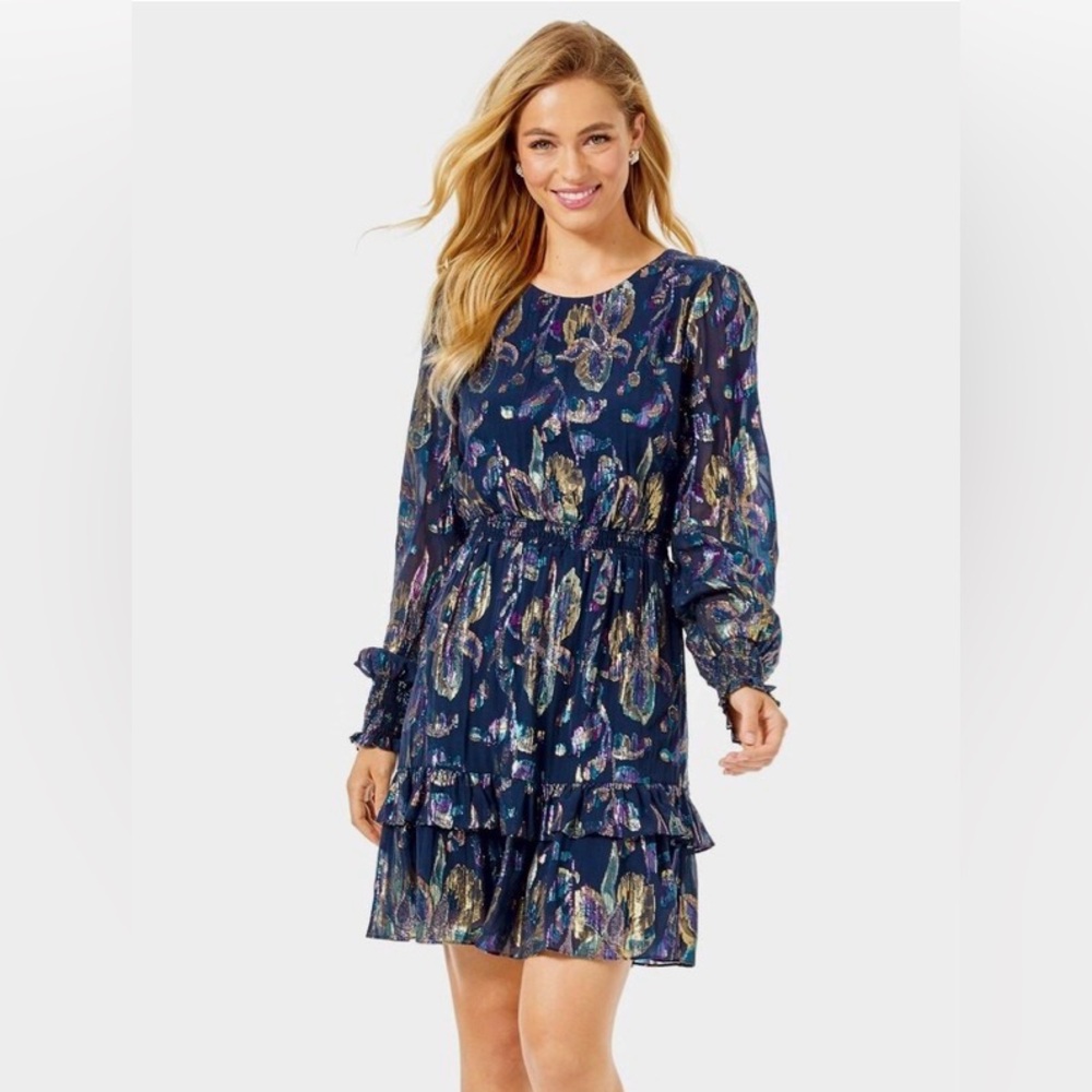Lilly Pulitzer Dotti Silk Dress True Navy Rainbow Floral Metallic